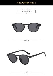 Detailed views of vintage round black sunglasses featuring silver metal rivet accents