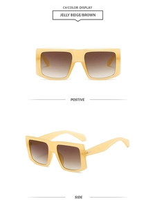 Detail view of jelly beige square sunglasses with brown gradient lenses from side and front