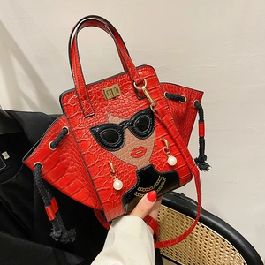 Red crocodile pattern tote bag with creative fashion glasses lady print and pearl charms