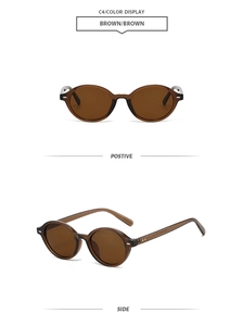 Detailansicht der ovalen Retro-Sonnenbrille in Braun mit Front- und Seitenprofilen