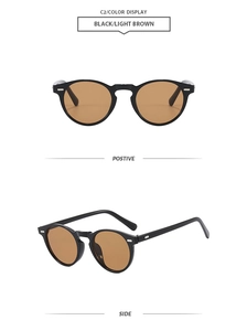 Front and side view of retro round black sunglasses with light brown lenses and silver rivets