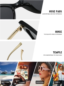 Detail of vintage cat-eye sunglasses featuring metal hinges and lifestyle usage scenes