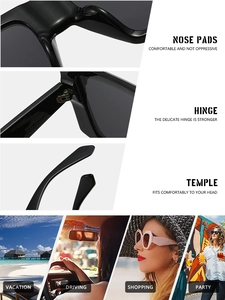 Detail view of square sunglasses with integrated nose pads and reinforced metal hinges