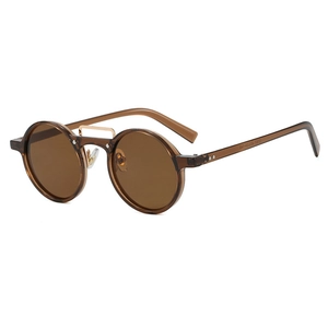 Retro round double-bridge sunglasses with translucent tea resin frames and golden metal bar