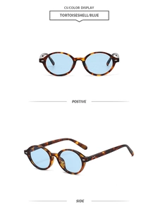 Vorder- und Seitenansicht der ovalen Schildpatt-Sonnenbrille mit hellblauen Gläsern