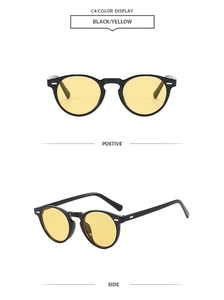 Front and side views of vintage round black sunglasses with yellow lenses and silver studs