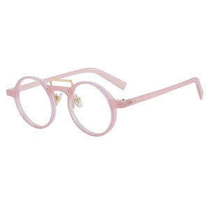 Retro round pink sunglasses with double bridge metal bridge design on white background