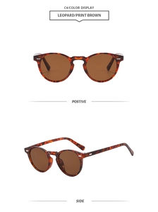 Detailed front and side view of round leopard print sunglasses with dark brown lenses