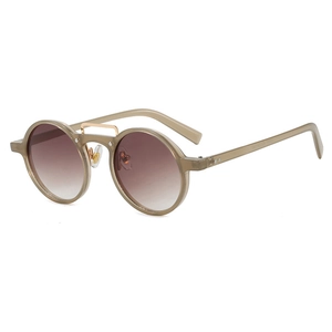 Vintage round small frame sunglasses with double bridge and brown gradient lenses