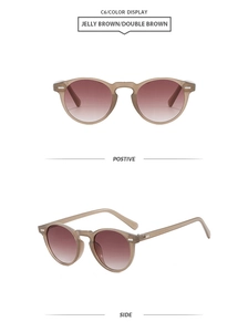 Detail view of retro round jelly brown sunglasses with double brown gradient lenses