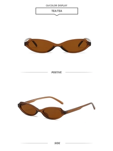 Detail view showing tea-colored cat eye sunglasses from front and side perspectives