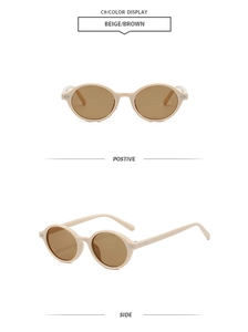 Detailansicht der beigen Retro-Oval-Sonnenbrille mit braunen Gläsern von vorne und der Seite