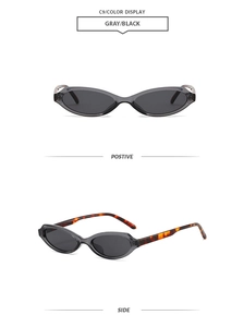 Detailed front and side views of retro oval sunglasses with grey frames and tortoiseshell temples