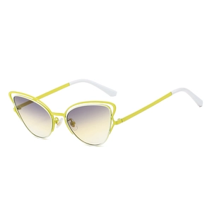 Fashionable hollow metal cat-eye sunglasses with yellow frame and purple gradient lenses
