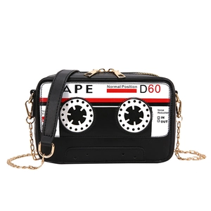 Retro cassette tape crossbody bag with gold chain strap for women in classic black finish