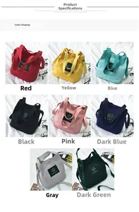 Detailed grid view of mini canvas bucket bags in eight vibrant colors with crossbody straps