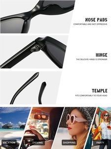 Detail view of comfortable nose pads, sturdy hinges and sleek temples on cat eye sunglasses