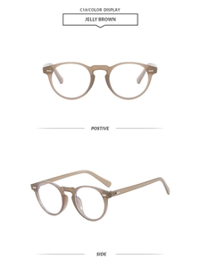 Detailed front and side views of jelly brown round frame retro sunglasses with rivets