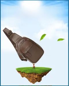 Detail showing brown leather sling bag's lightweight design with ants lifting it concept
