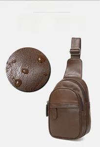 Detail view of waterproof brown lychee pattern PU leather chest bag for men