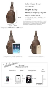 Size comparison of brown PU leather chest bag with iPad and smartphone dimensions