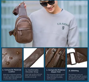Detail view of brown vintage chest bag with sturdy straps and fine stitching craft
