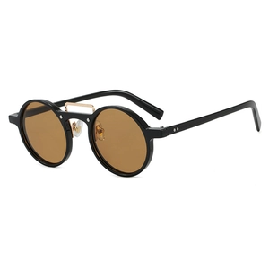 Lunettes de soleil rondes vintage, monture noire, verres bruns et détail double pont doré