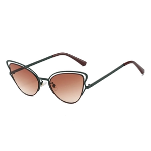 Vintage metal cat-eye sunglasses with dark green hollow frames and brown gradient lenses