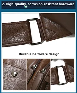 Detailed view of durable corrosion-resistant metal hardware on a brown leather chest bag
