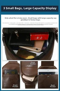 Detailed view of brown leather chest bag showing multiple internal storage compartments