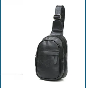 Side view of black PU leather chest bag for men showing multiple zippers and adjustable strap