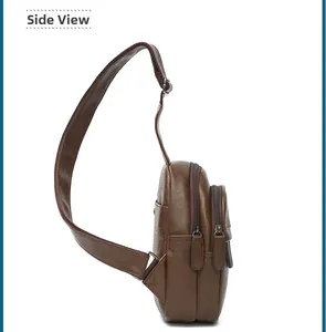 Side view of brown PU leather sling bag showing double zipper compartments and strap