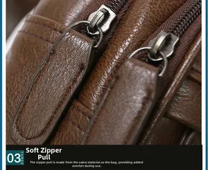 Close-up of brown leather chest bag showing double zippers and soft puller detail