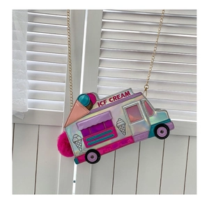 Detail of colorful laser PU leather ice cream truck bag with pink pompom and gold chain