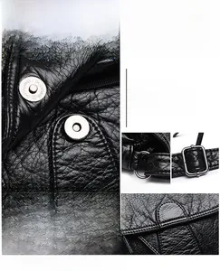 Close-up of black PU leather texture with silver magnetic snap and hardware detail