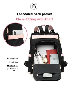 Vue détaillée du sac à dos en tissu Oxford avec poche antivol et intérieur spacieux