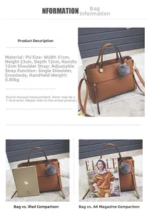 Brown PU leather tote bag size comparison showing 31x23x12cm dimensions with an iPad