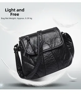 Detailed view of lightweight black pleated PU leather crossbody bag weighing only 0.39KG