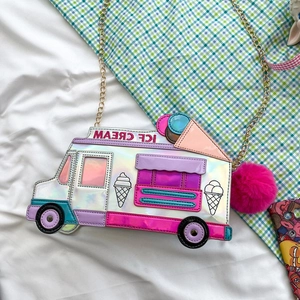 Women Holographic PU Leather Ice Cream Car Shape Crossbody Bag Metal Chain Pink Pom Pom Charm Novelty Laser Design