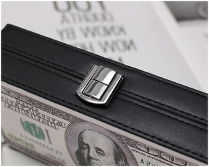 Detailed macro view of the silver brushed metal clasp and dollar bill print on the bag