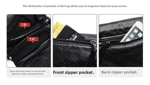 Detail of crossbody bag showing double main pockets and multiple zipper storage layers