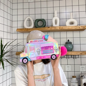 Holographic ice cream truck crossbody bag with pink pompom and gold metal chain strap