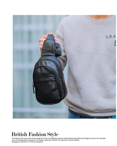 Close-up of black crossbody chest bag featuring premium lychee texture and sturdy zippers