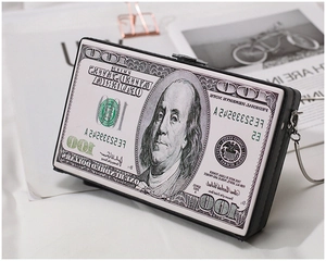 Detail view of acrylic clutch bag featuring 100 dollar bill pattern and silver chain strap