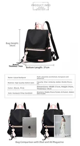 Guide des tailles du sac à dos en tissu Oxford 31x34x14cm noir et rose avec pendentif chat
