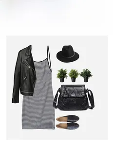 Flat lay of a washed PU leather crossbody bag paired with a striped dress and hat