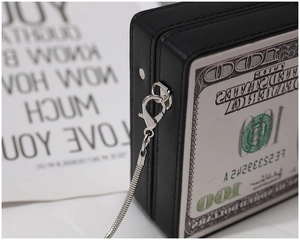 Detail of dollar print acrylic box bag showing silver hardware and snake chain strap