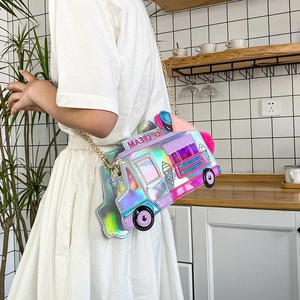 Quirky holographic ice cream truck crossbody bag with gold chain strap for women