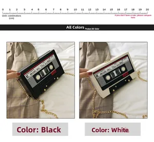 Side-by-side comparison of vintage cassette style chain bags in black and white colors