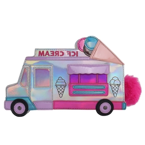 Holographic laser PU ice cream truck crossbody bag with pink pom pom charm
